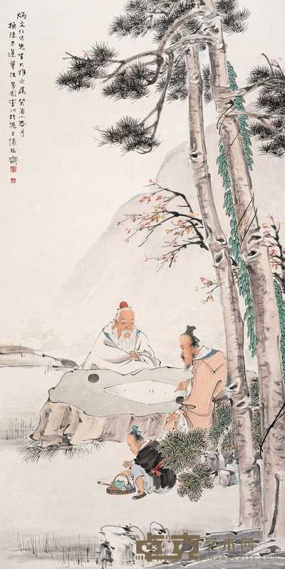 李润 柳阴闲奕图 轴 132.6×67cm